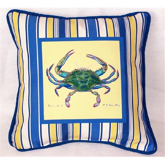 Betsy Drake  Stripe Blue Crab Small Outdoor-Indoor Pillow 12''x12''