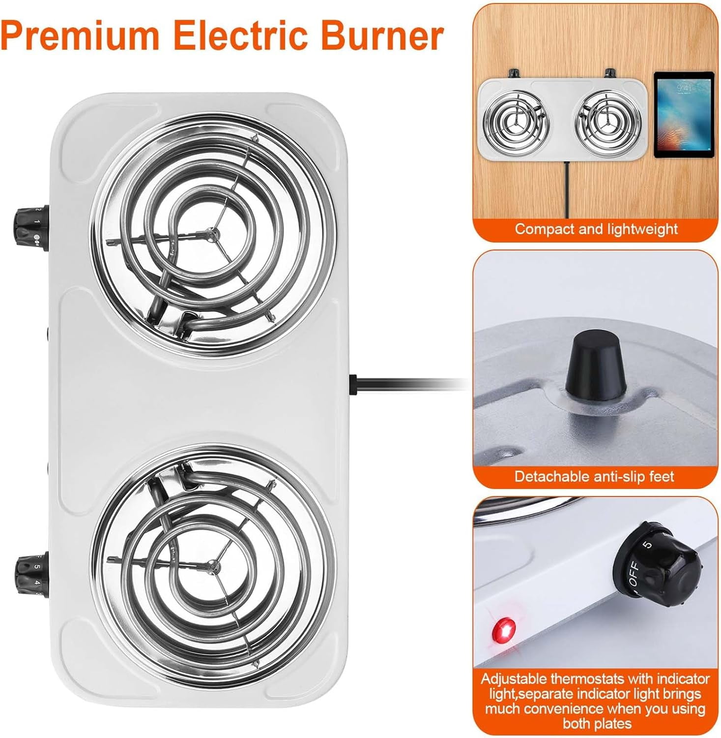 JahyShow 2000W Double Burner, Electric Hot Plate for Cooking Portable Cooking Stove, Countertop Burner Cooktop for Kitchen, Dorm, Temperature Control, Easy to Clean, White