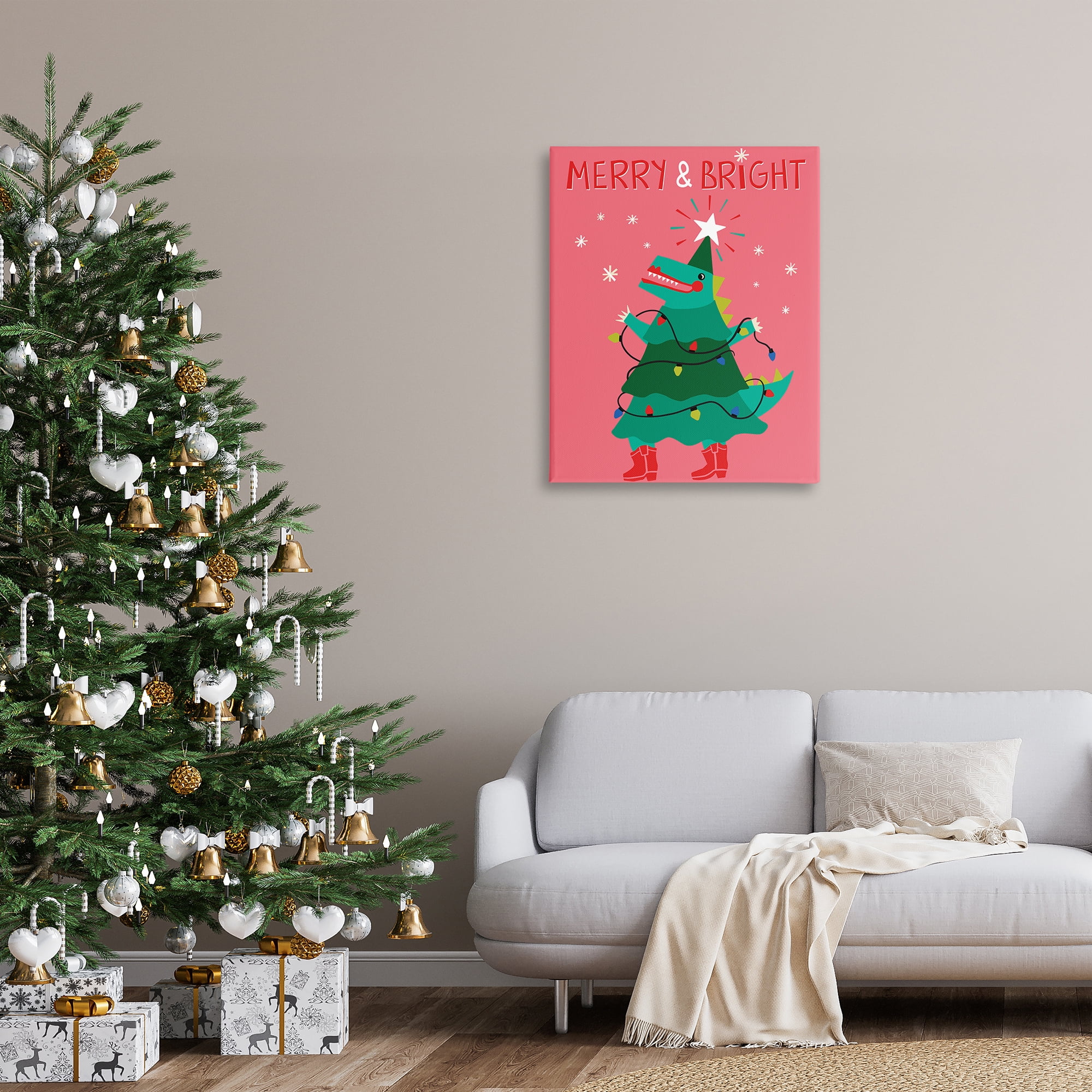 Stupell Industries Merry and Bright Dinosaur Holiday Painting Gallery Wrapped Canvas Art Prints Wall Art, 30 x 40