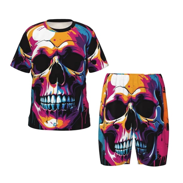 Fotbe Colorful Skull Pijama Estampada de 2 Piezas para Niños – Ropa de Dormir de Manga Corta Cómoda para Niños y Niñas, Camiseta y Shorts de Algodón-XX-Large