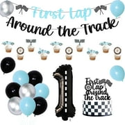 Race Car 1st PriNst Birthday Decorations First Lap Around Cake Topper Racing Themed Cupcake Toppers Number 1 Foil Balloon Blue Black Latex Balloons Kit for Boys First Birthday Party Supplies