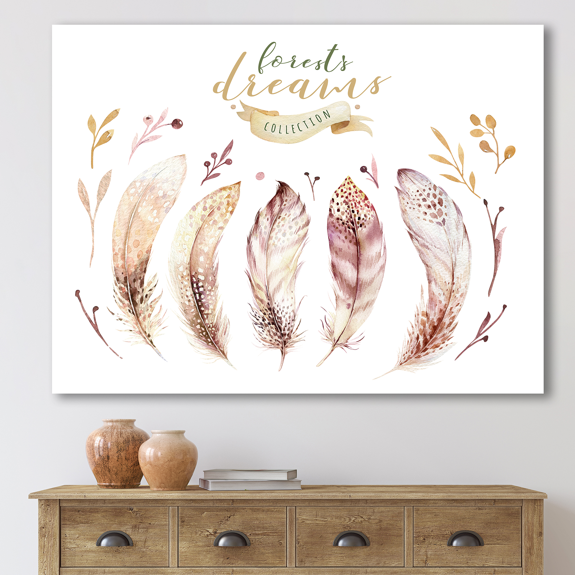 Designart ' Vital Feathers In Ethnic Boho Style ' Bohemian & Eclectic Canvas Wall Art Print