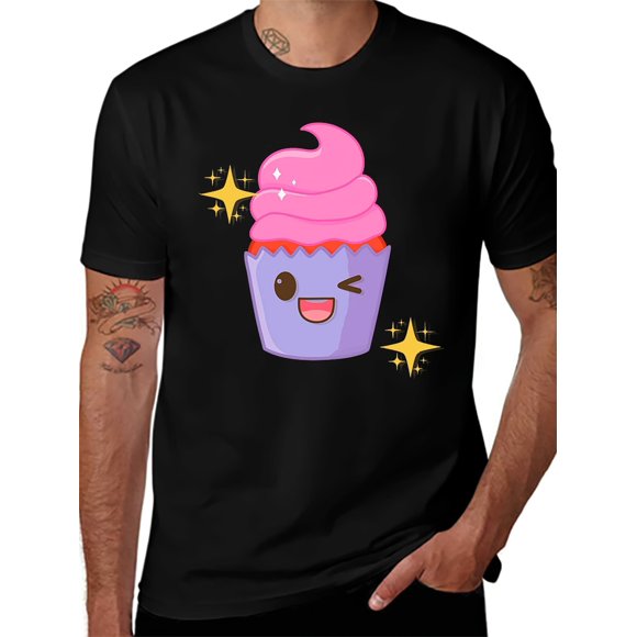 T-shirt à Manches Courtes en Coton Doux avec Col Rond et Mignon Cupcake Kawaii Graphique Noir Décontracté pour Adultes