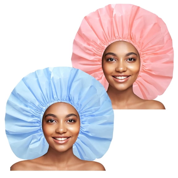 XIBUFE Super Jumbo Shower Cap for Women, 2 Pcs Waterproof Hair Caps for Locs | Extra Large, Double Side Reusable Peva Bath Cap, Washable, Holds Long Thick Twist Braid - Pink Blue