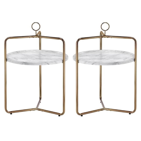 Home Square Faux Marble and Metal Side Table in White/Gold - Set of 2