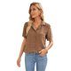 thumbnail image 4 of ABPHQTO Camisa de mujer de manga corta con cuello vuelto y botones suizos abotonada marrón, 4 of 5