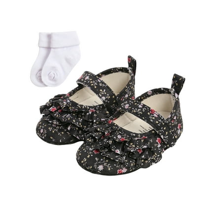 

Infant Baby Girls Casual Shoes Floral Printed Ruffled Soft Sole Princess Flat Shoes Set