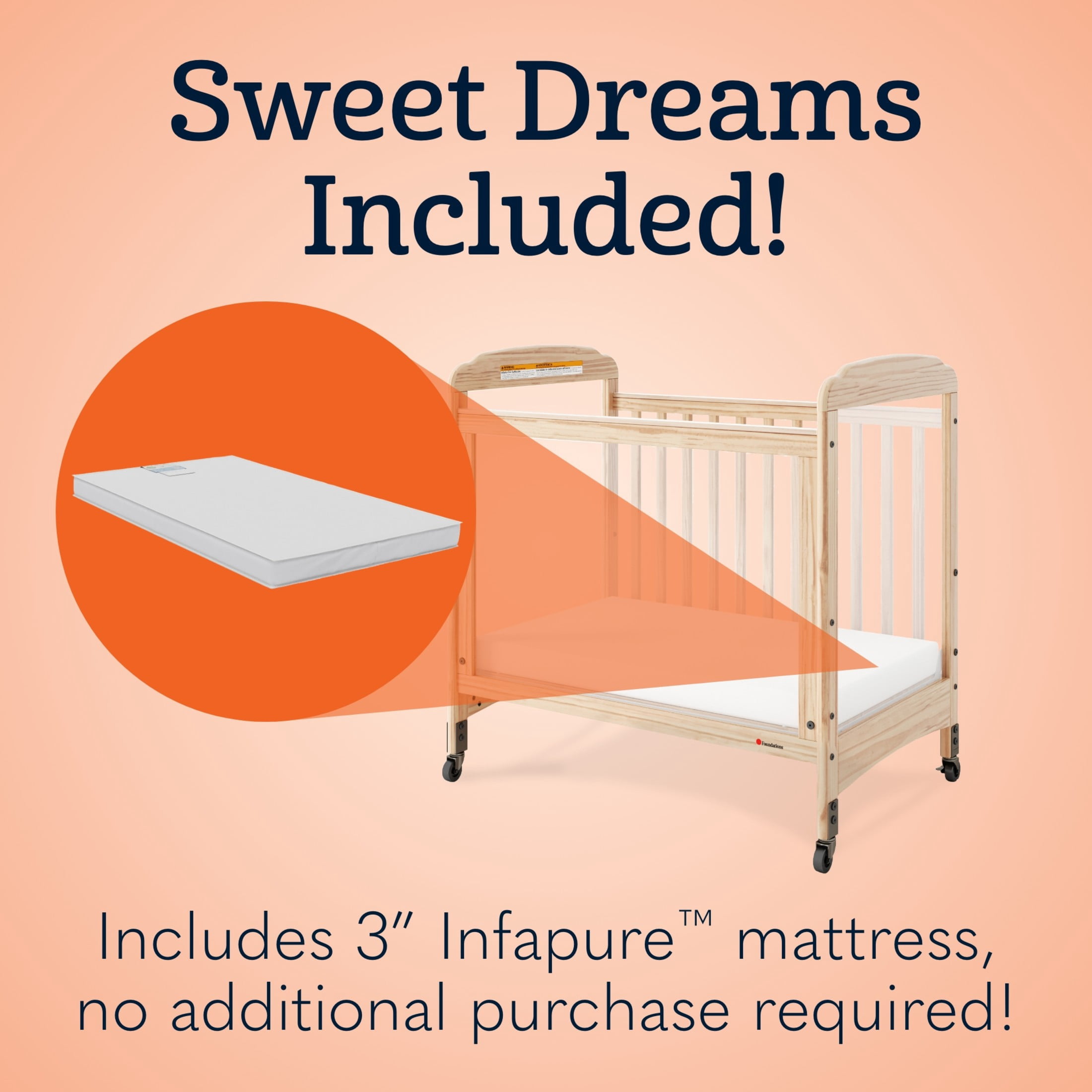 Foundations Serenity 3-Panel Clearview Compact Crib, Fixed-Side, 3" Mattress Included, Natural Wood