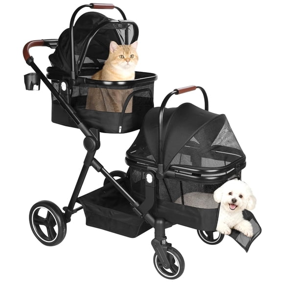 YIYUNBEBE Double Pet Stroller for 2 Small Medium Cats and Dogs, Foldable, Convertible Single/Double, Detachable Carriers, Oxford