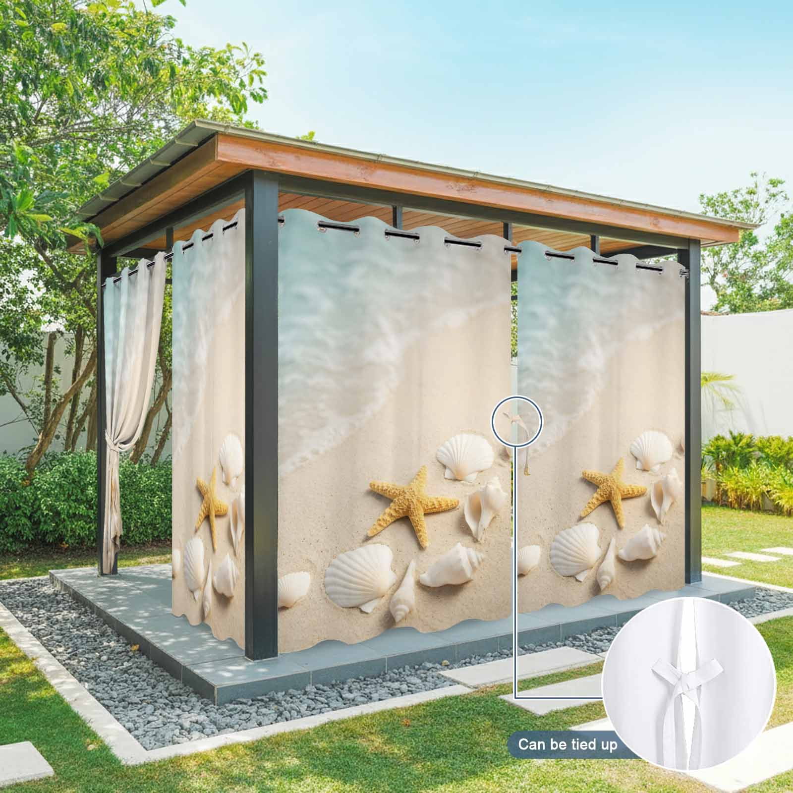 Ocean Outdoor Curtains for Patio, Summer Beach Teal Sea Wave Starfish Seashells Beige Sand Sunshade Privacy Drapes Grommet Waterproof Outside Curtains for Porch/Cabana/Balcony 54"x 108", 2 Panel
