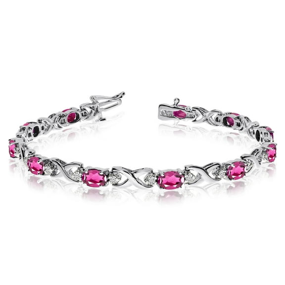 14k White Gold Natural Pink-Topaz And Diamond Tennis Bracelet