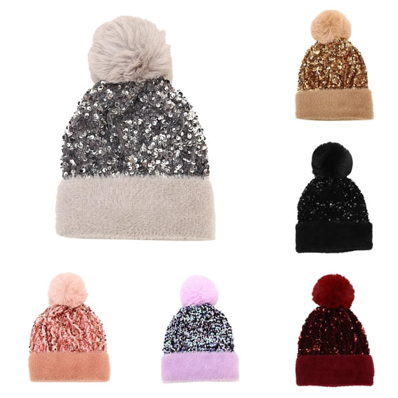 XIAOCHA Women’S Sequin‑Accent Beanie Solid Hats Party‑Ready Fall‑Winter Toque,Grey