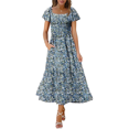 thumbnail image 2 of Women Summer Casual Square Neck Flutter Sleeve Boho Smocked A-Line Flowy Tiered Modest Midi Sun Dress with Pockets Style 1 XXXL, 2 of 7