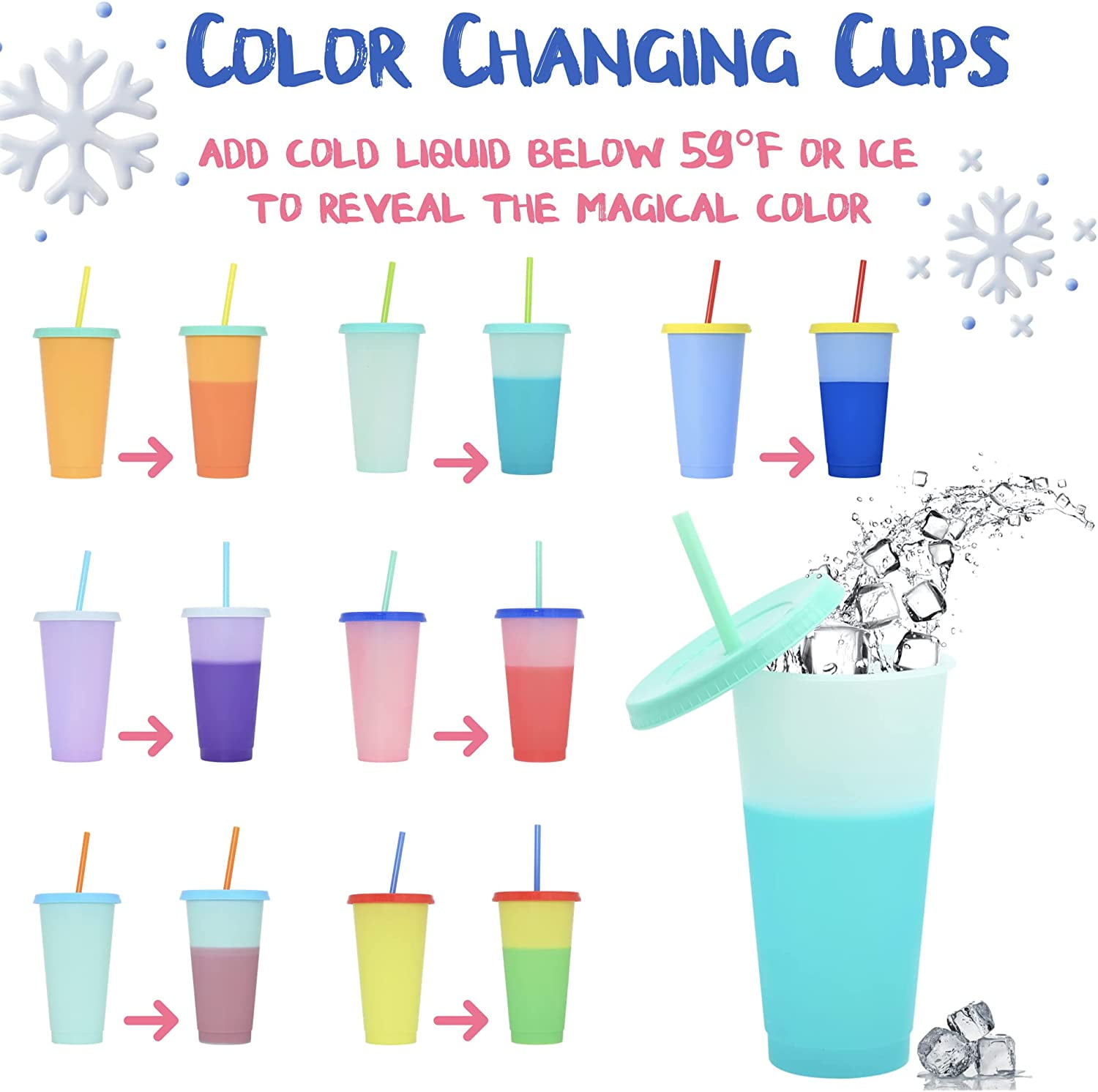 Trianu Color Changing Cups with Lids and Straws 7Pcs 12 OZ Reusable Plastic Cups for Kids Women, Cold Iced Coffee Cups & Party Water Tumbler