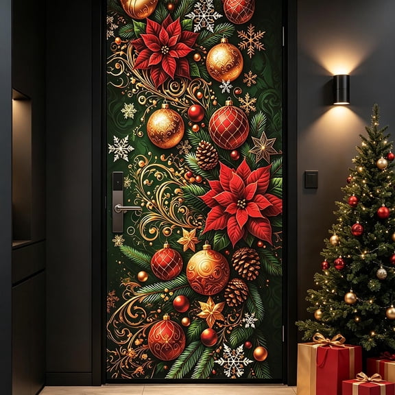 Cififendec Christmas Door Cover, Festive Poinsettia Bauble Printed Door Tapestry for Front Door and Porch Xmas Holiday Decor, 70.87"