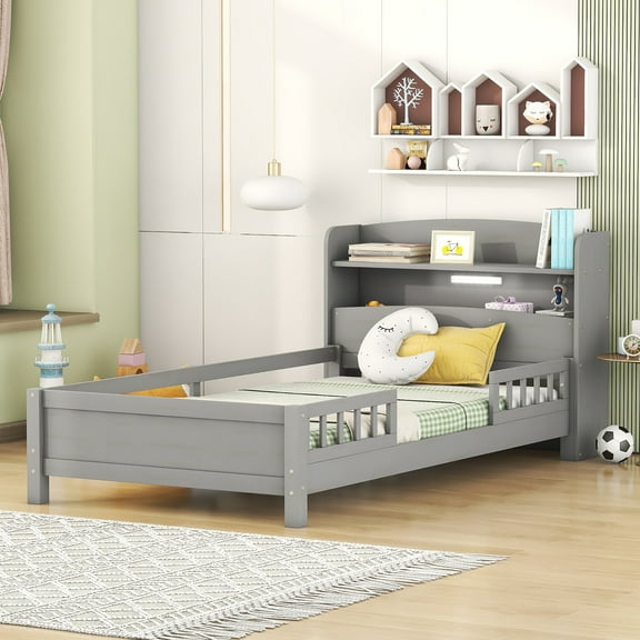 Euroco Wood Twin Size Platform Bed with Storage Headboard, Shelves and LED Light for Kids, Gray