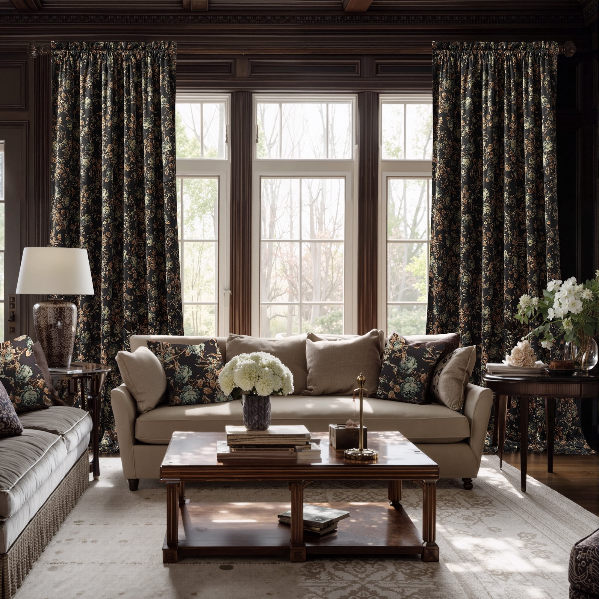 NICETOWN Velvet Curtains 84 inches Long, Printed Floral Vintage Thermal Insulated Room Darkening Rod Pocket Drapes for Bedroom Living Room, Black, 52"x84", 2 Panels