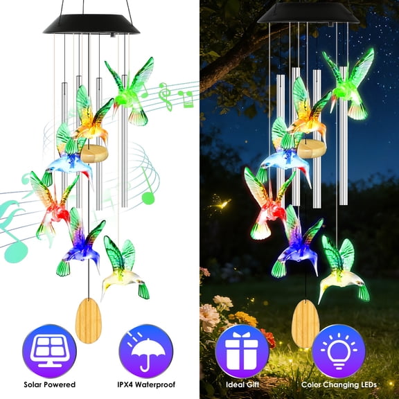 iGardenPro Solar Hummingbird Wind Chime Color Changing LED IPX4 Waterproof Aluminum Tubes Outdoor Garden Yard Patio Decor