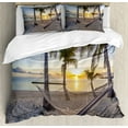 thumbnail image 1 of Tropical Duvet Cover Set, Paradise Beach Hammock and Coconut Palm Trees Horizon Coast Vacation Scenery, Decorative 3 Piece Bedding Set with 2 Pillow Shams, Queen Size, Blue Sand, by Ambesonne, 1 of 3