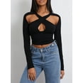 thumbnail image 6 of Biezeib Women’s Cutout Crop Tops Basic Long Sleeve Cross Front Solid Color Slim Fit T-Shirts Blous, 6 of 6