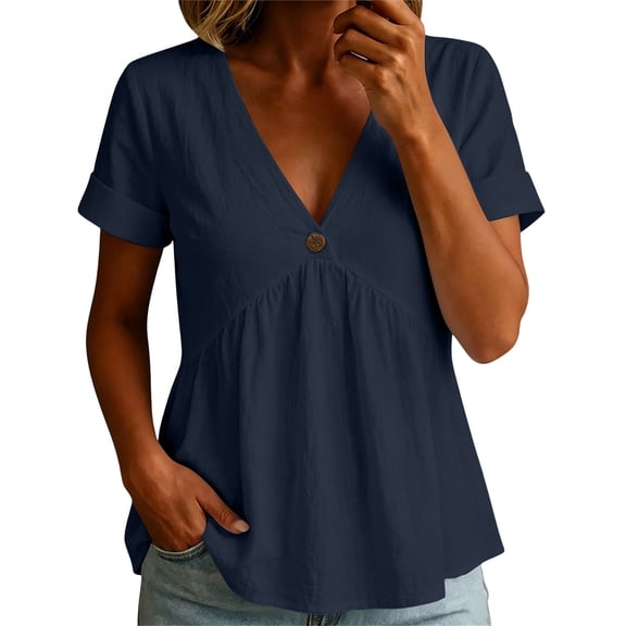 hoksml Women's V-Neck Short Sleeve Peplum Blouse, Cotton Linen Casual Tunic Top with Button Detail