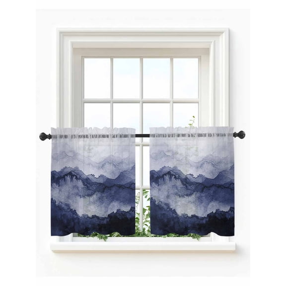 Navy Blue Ombre Mountain Tier Curtains 24 Inch Length,Sheer Curtains for Bedroom Living Room Window Nature Abstract Art Marble Rod Pocket Drapes Kitchen Curtains Small Half Window 27.5"x24" 2 Panels