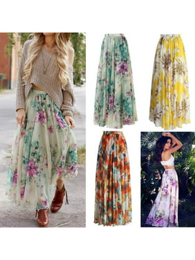 Womens Floral Gypsy Boho Long Maxi Full Skirt Party Beach Dress Evening Dresses High Waist Flared Pleated Maxi Dress