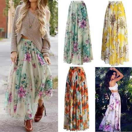 Womens Floral Gypsy Boho Long Maxi Full Skirt Party Beach Dress Evening Dresses High Waist Flared Pleated Maxi Dress