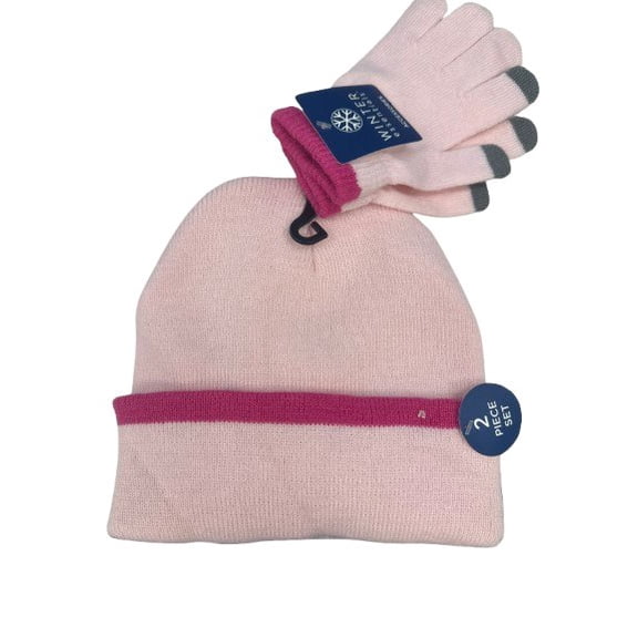 Winter Essentials Kids 2-Piece Set Pink Knit Beanie & Touch Screen Gloves