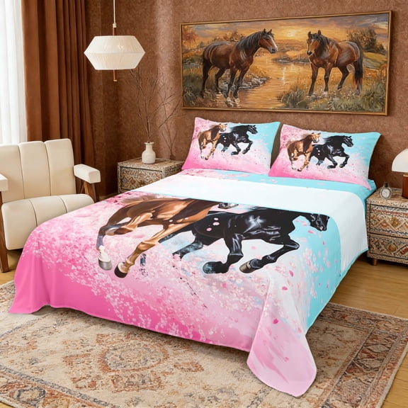Erosebridal Galloping Horse Full Size Sheets, Pink Cherry Blossoms Bed Sheets, 4pcs (1 Flat Sheet, 1 Fitted Sheet and 2 Pillowcases)