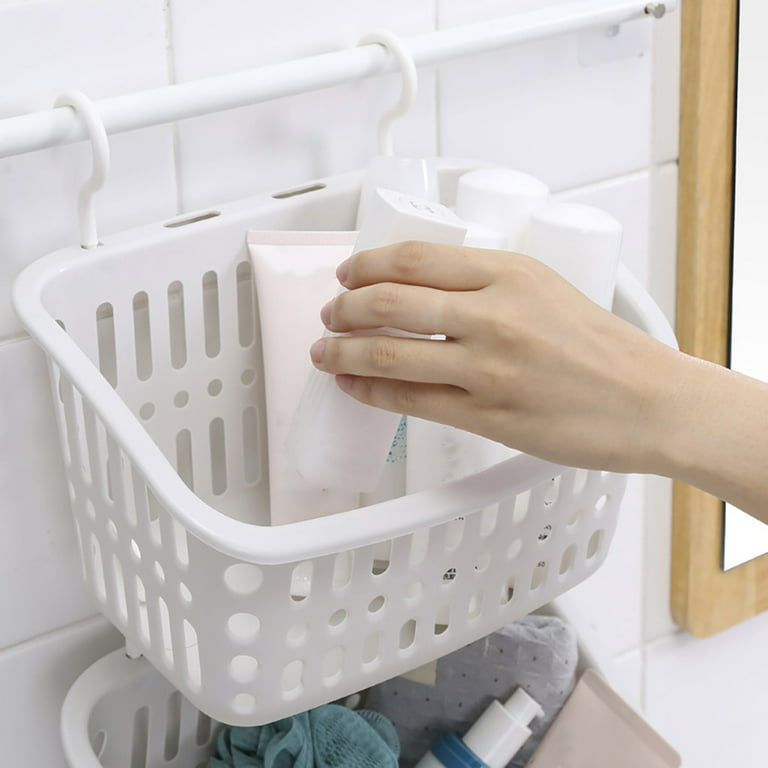 ESHOO Plastic Hanging Shower Caddy Kitchen Bathroom Storage Basket with Rotatable Hook, Size: 9.1 x 5.5 x 5.1, White