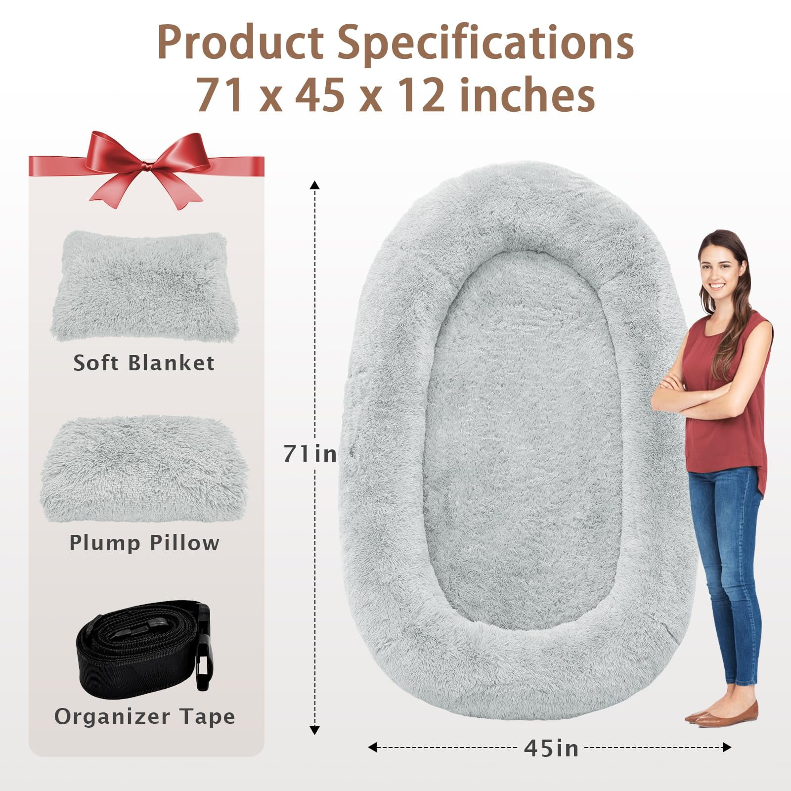 Oversize Memory Foam Human Dog Bed, with Pillow & Blanket, Gray 71"L x 45"W x 12"Th
