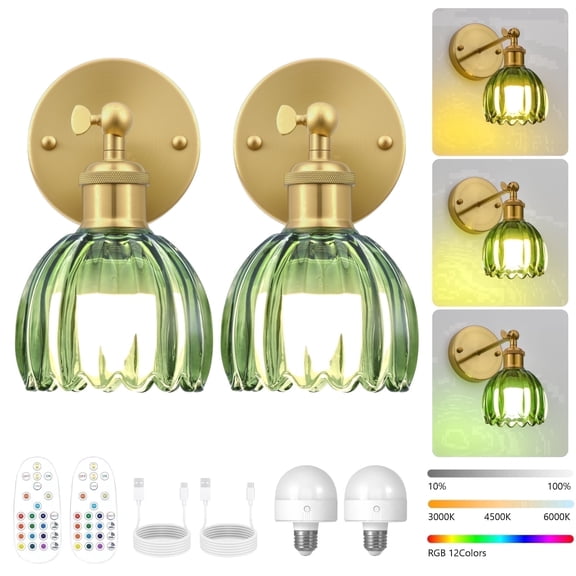 GCGAFUL Vintage Battery Operated Wall Sconce with Tulip Glass Lampshade, USB Rechargeable Battery Powered Wall Light for Bedside Bedroom Doorway Living Room，Set of Two