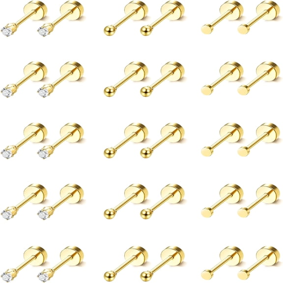 DESIGNICE 15 Pairs Tiny Surgical Steel Gold Stud Earrings,Comfortable Screw Back Flat Back Earrings with Cz Dot Ball Stones,2Mm
