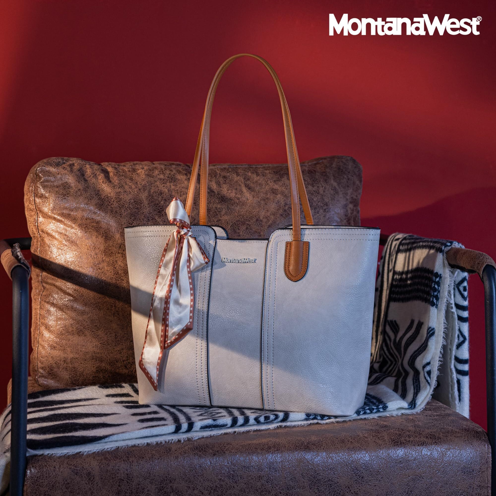 Montana West Tote Bags for Women Medium Top Handle Handbags with Scarf, Tan