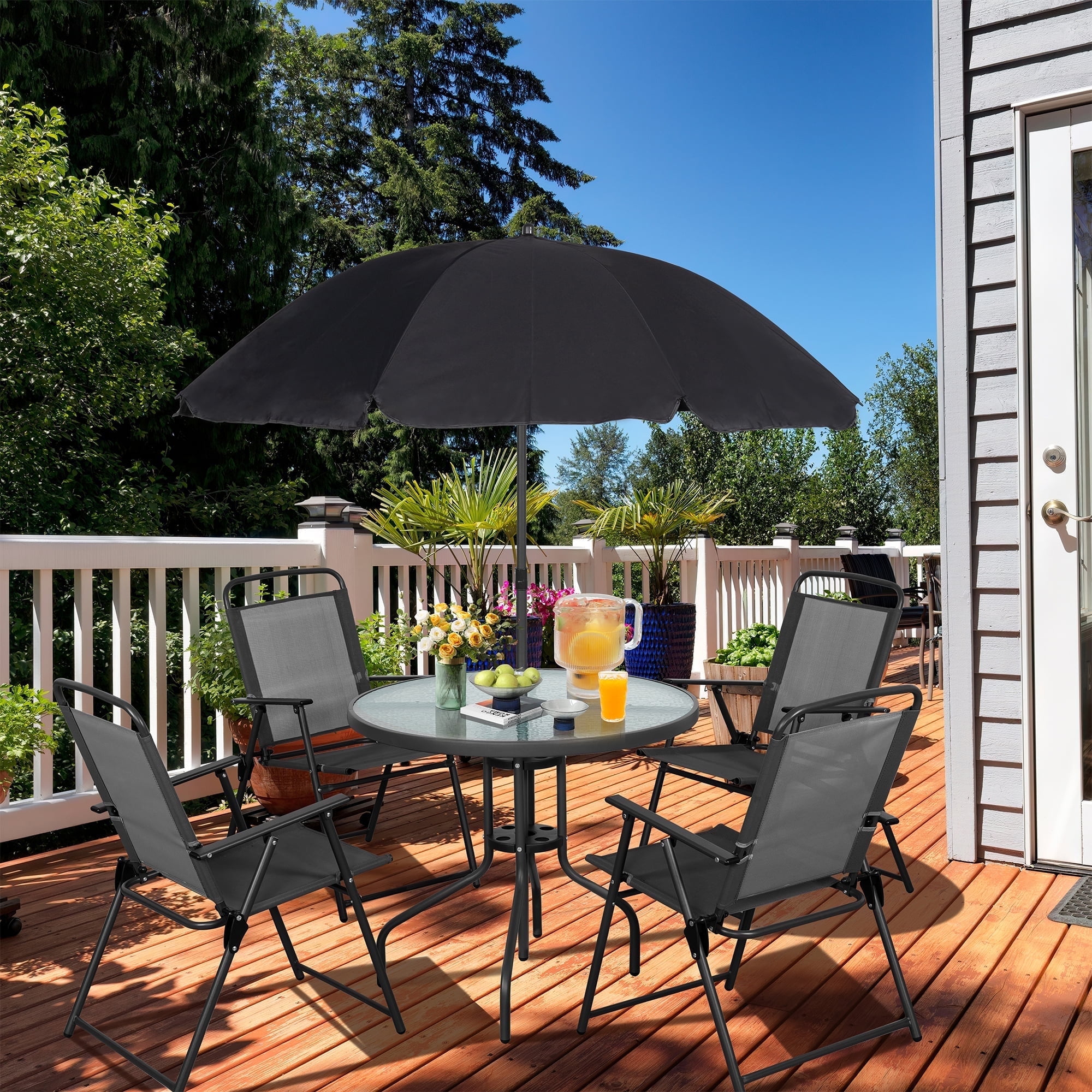 Sobaniilo 6 Piece Folding Outdoor Dining Set with Tilt Umbrella, Metal Patio Garden Patio Furniture Table and Folding Chair Set, Black