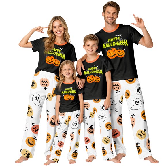 Halloween Pajamas Set Short Sleeve Sleepwear Pumpkin Loungewear Outfit,Black Happy Halloween T Shirt White Ghost Pants Soft Apparel,Festive Autumn Spooky Nightwear Housewear