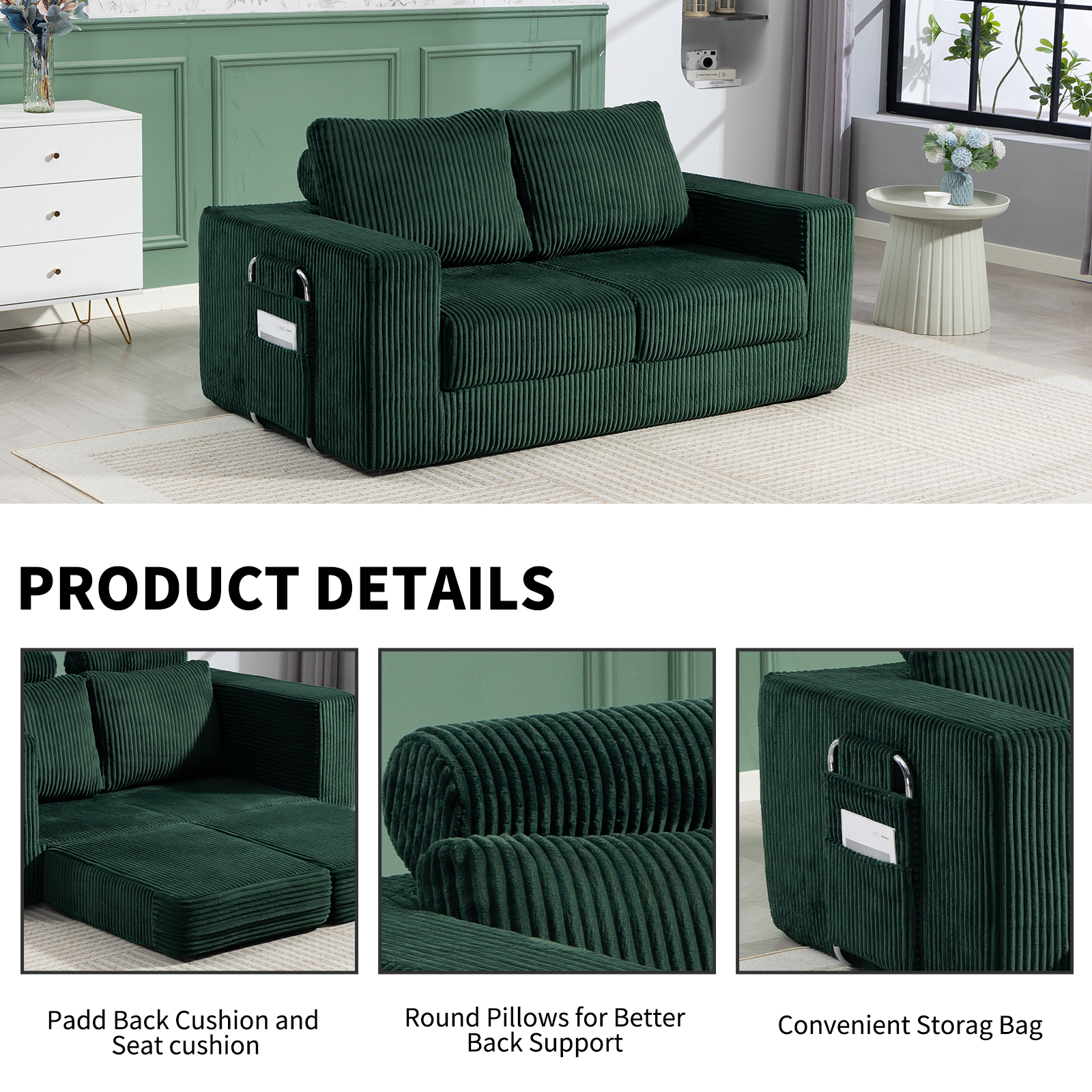 69 Inches Convertible Sofa Bed Boneless 2 Seats Loveseat Sleeper Sofa 2 Seater Small Couch 3-in-1 Folding Sofa Floor Sofa with Deep Seat No Assemble Required
