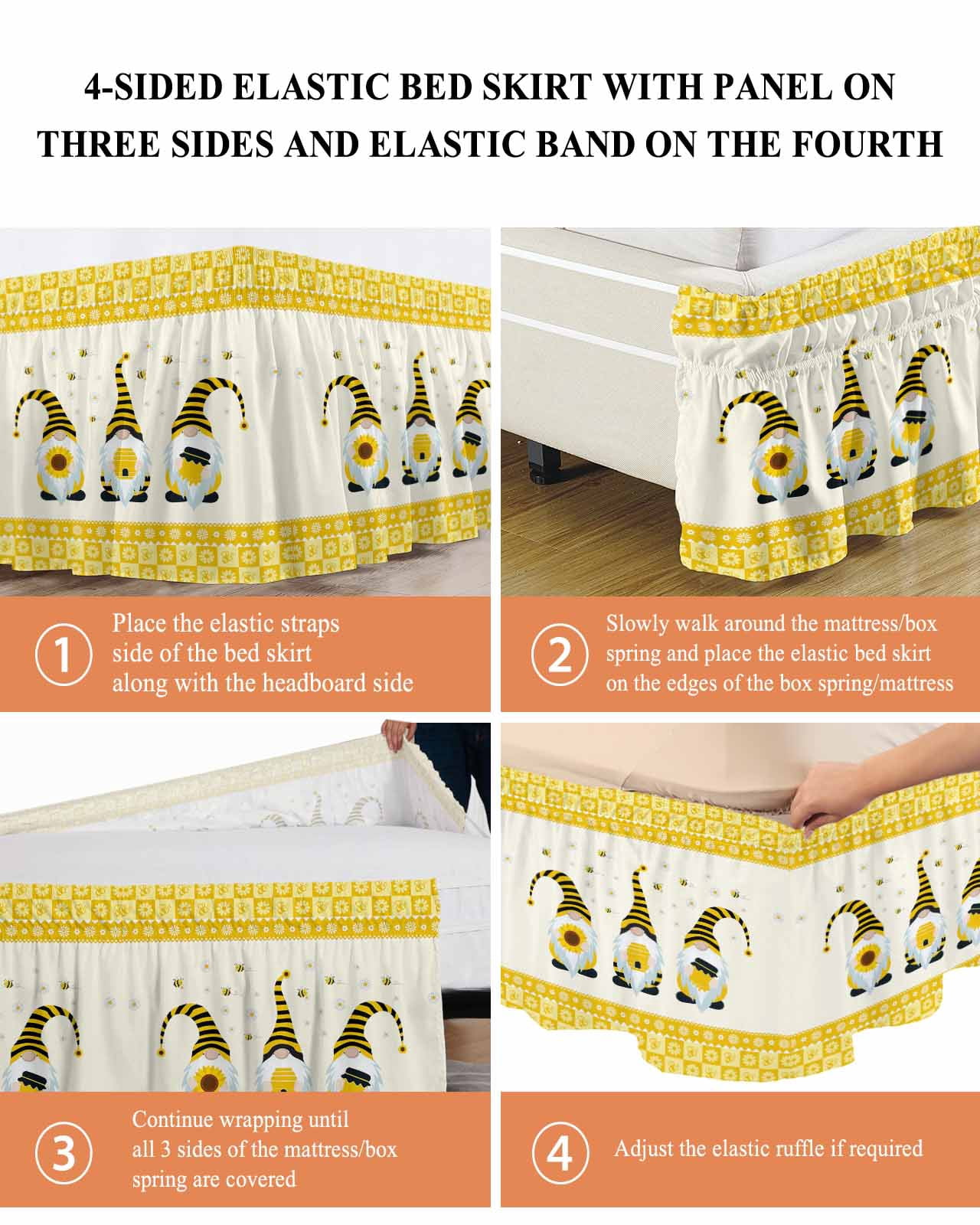 Sweet Gnomes Bed Skirt Bee Daisy Yellow Plaid Bed Skirts Queen Size 18 Inch Drop, Wrap Around Dust Ruffle&nbsp;Bedskirt with Adjustable Elastic Belt for Queen Size Beds