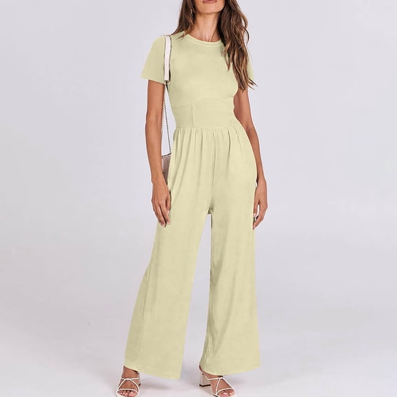 successthop Wide Leg Jumpsuits for Women Beige Ribbed Pants Solid Elastic Empire Waist Oversized Wide Leg Flattering Overalls Long Short Sleeve Rompers One Piece Free Dupe