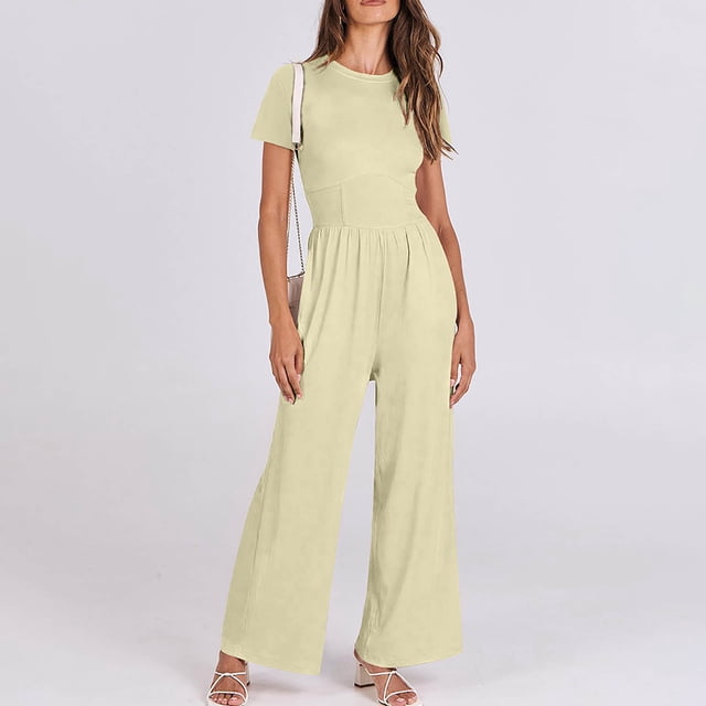 Combinaisons pour Femmes, Combinaison Décontractée pour Femmes à Col Rond, Manches Courtes, Taille Moyenne, Jambes Larges