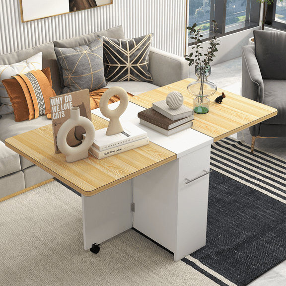 Space Saving Folding Dining Table, Farmhouse Dining Table 2-Layer Storage Shelf, 6 Wheels Multipose Expandable Kitchen Drop Leaf Table for Small Space (Pear Wood, 47.2"D x 23.6"W x 29.5"H)