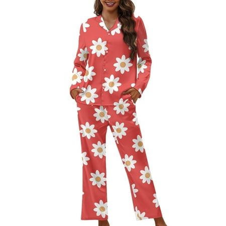 

Renewold Durable Red Sleepwear Pjs for Women 2pcs Daisy Graphic Button Pajama Top Pants Set Thermal Women Crewneck Home Daily Life Clothing Warmth Sleepwear Size XS