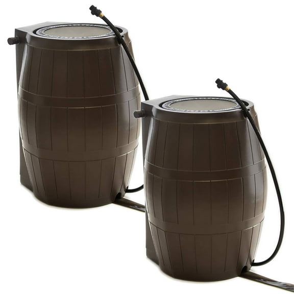FCMP Outdoor 50-Gallon BPA Free Home Rain Water Barrel, Brown (2 Pack)
