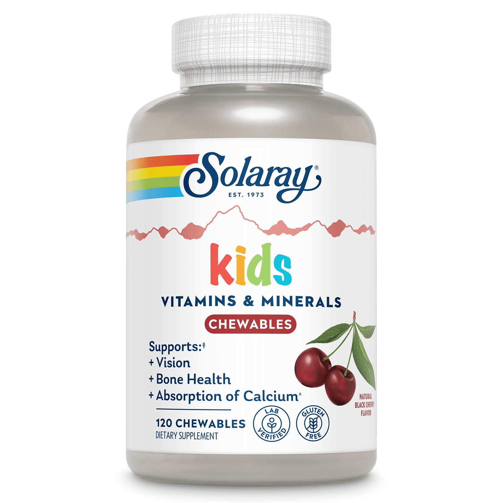 SOLARAY Kid's Vitamins & Minerals, Multivitamin for Kids - Bones, Vision, Heart Health Support w/ Vitamin C, Vitamin D and B2, Iron - Gluten Free, 120 Black Cherry Chewables, 60 Servings (120 Chews, 60 Serv)