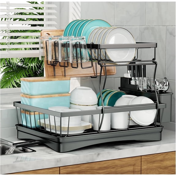 OKENTEN 2-Tier Rustproof Dish Drying Rack with Drainboard and Utensil Holder, Black