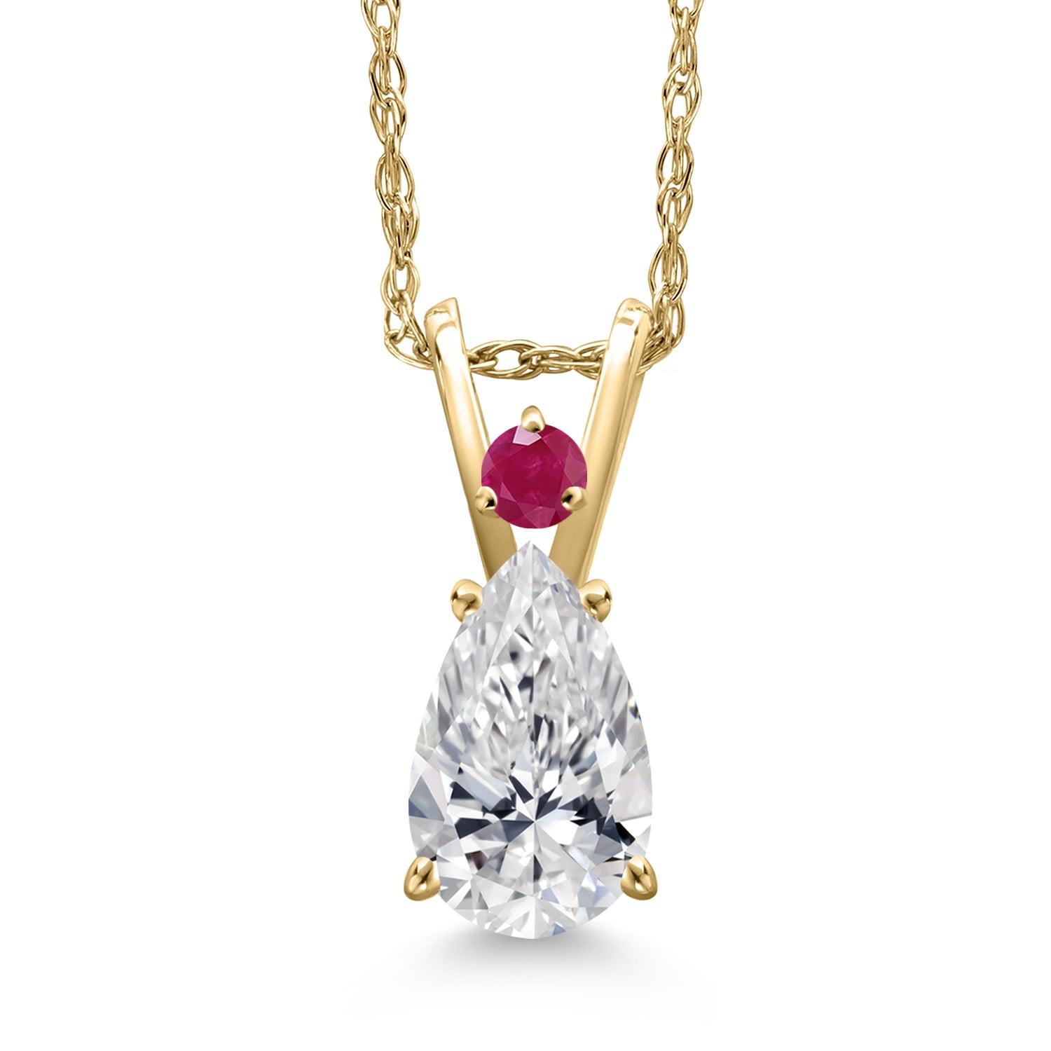 Gem Stone King 14K Yellow Gold DEF Lab Grown Diamond and Red Ruby Pendant Necklace for Women | 0.76 Cttw | Gemstone April Birthstone | Pear Shape 8X5MM | With 18 inch Chain