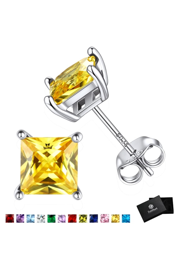 November Birthstone Stud Earrings for Women 925 Sterling Silver Princess Cut Square Birthday Christmas Jewelry Gift Hypoallergenic for Sensitive Ears