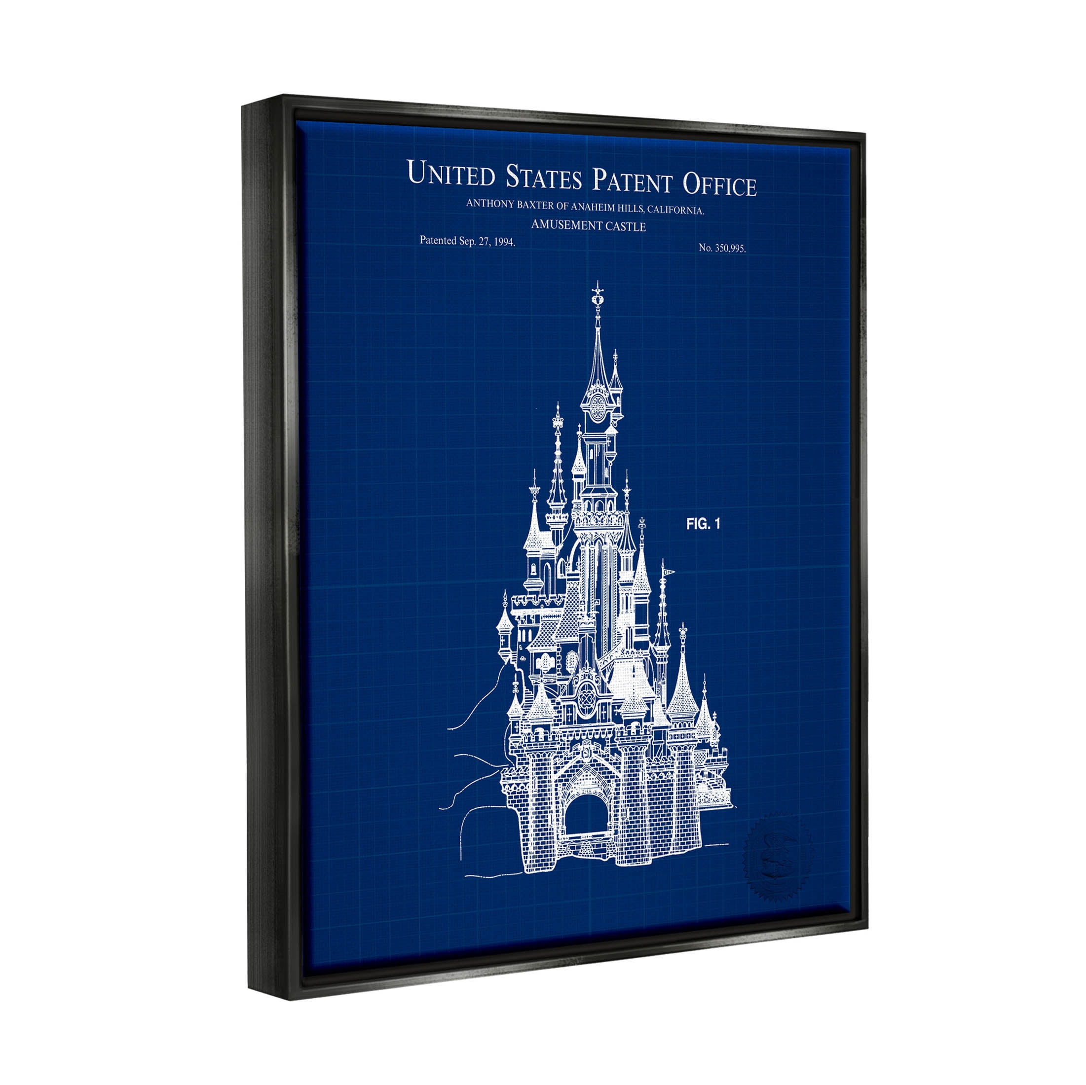 Stupell Industries Amusement Castle Blueprint Graphic Art Jet Black Floating Framed Canvas Print Wall Art, Design by Karl Hronek