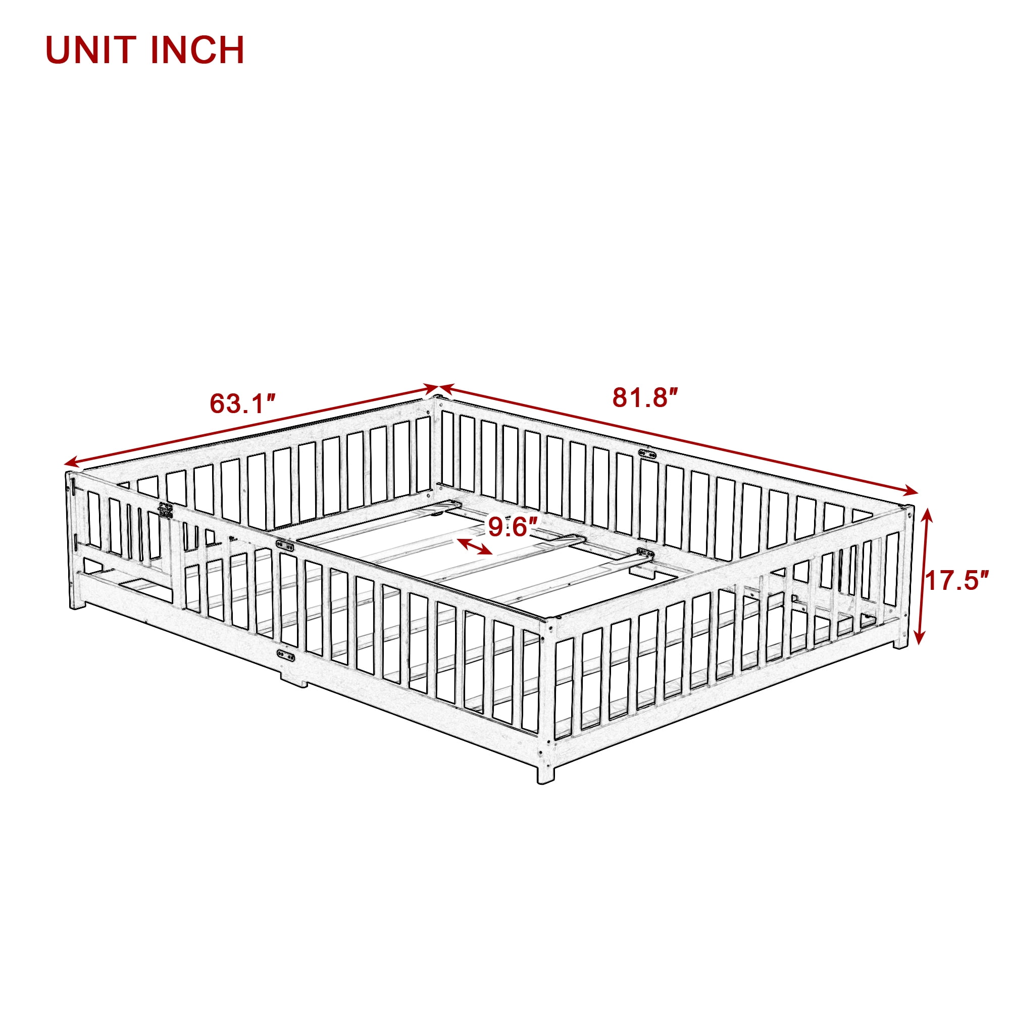 Sailvan Queen Floor Bed with Fence and Door, Solid Wood Kids Platform Bed Frame Espresso